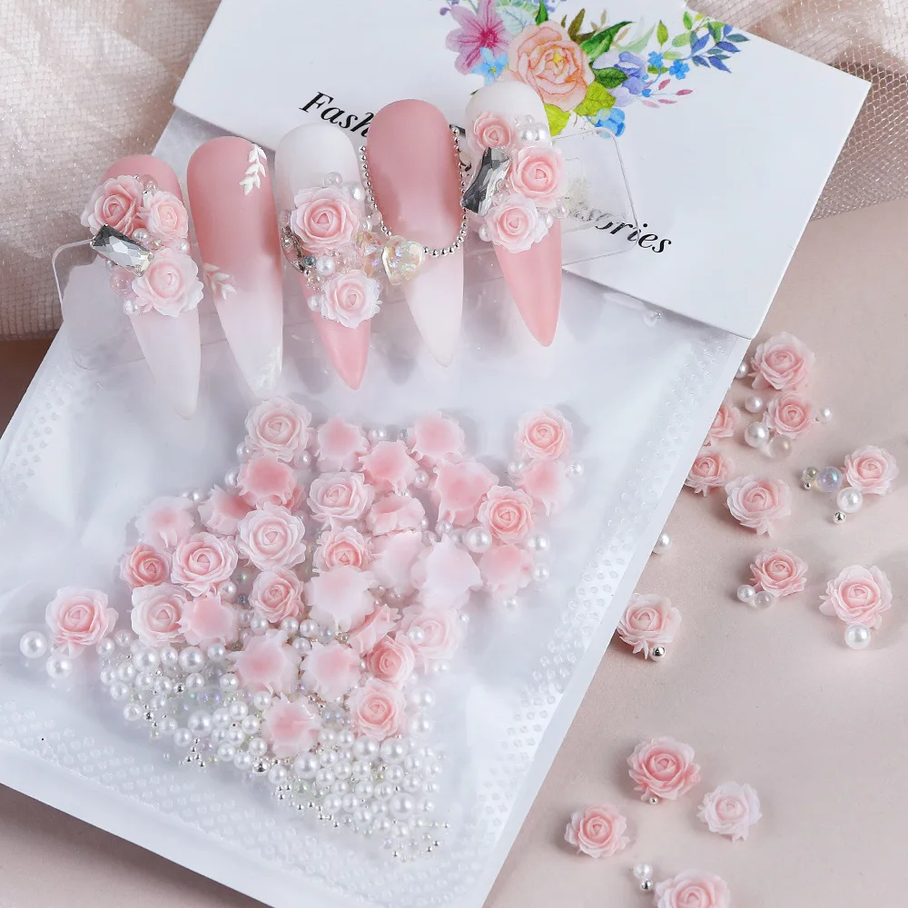 30 pezzi di rose intagliate sfumate con accessori per unghie con perle di perline in acciaio
