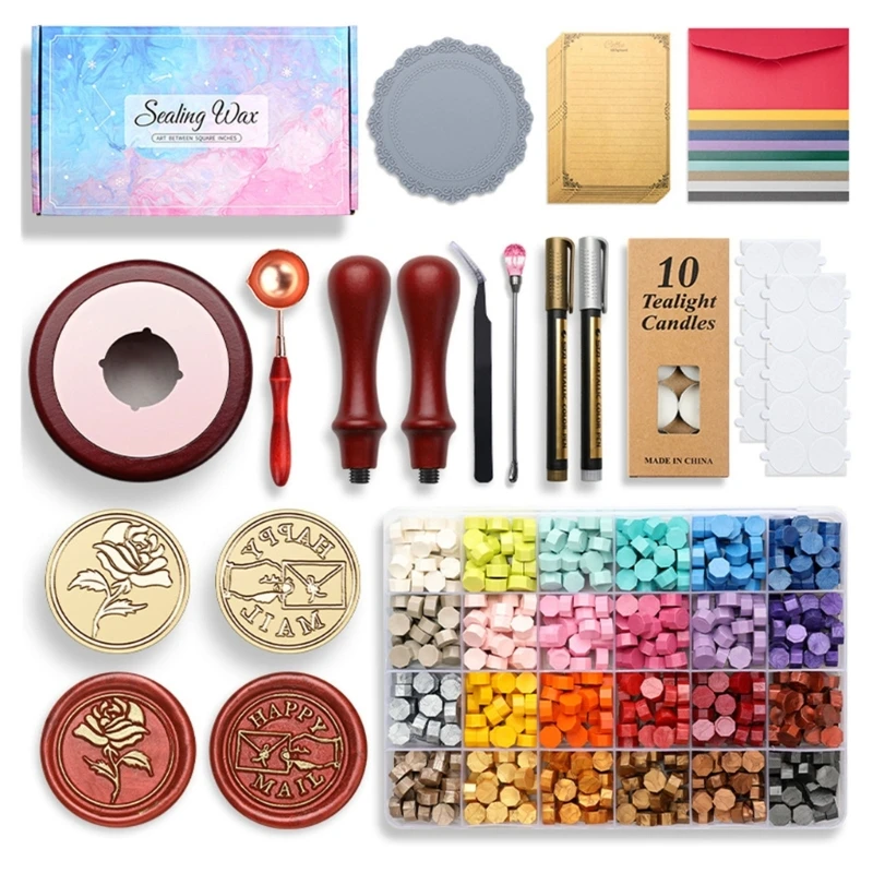 

Wax Seal Set Includes 24 Color Wax Seal Beads, Stamp Head, Handle, Paint Pen, Wax Warmers for Christmas Gift Decorations