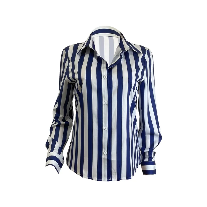 Stigende White Blue Striped Loose Fit Shirt Women Elegant Lapel Neck Button Blouse