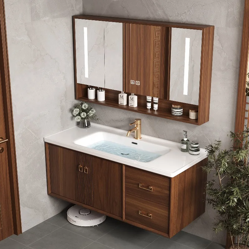 Luxury Retro Walnut Solid Wood Floating Bathroom Vanity With Sink, Integrated Ceramic Basin, Smart Mirror Cabinet, Wall Mount