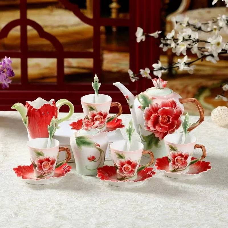 Peony tea set creative fashion gift coffee set Chinese tea cup Ceramic Tea Sets with Teapot Under Glazed Cup