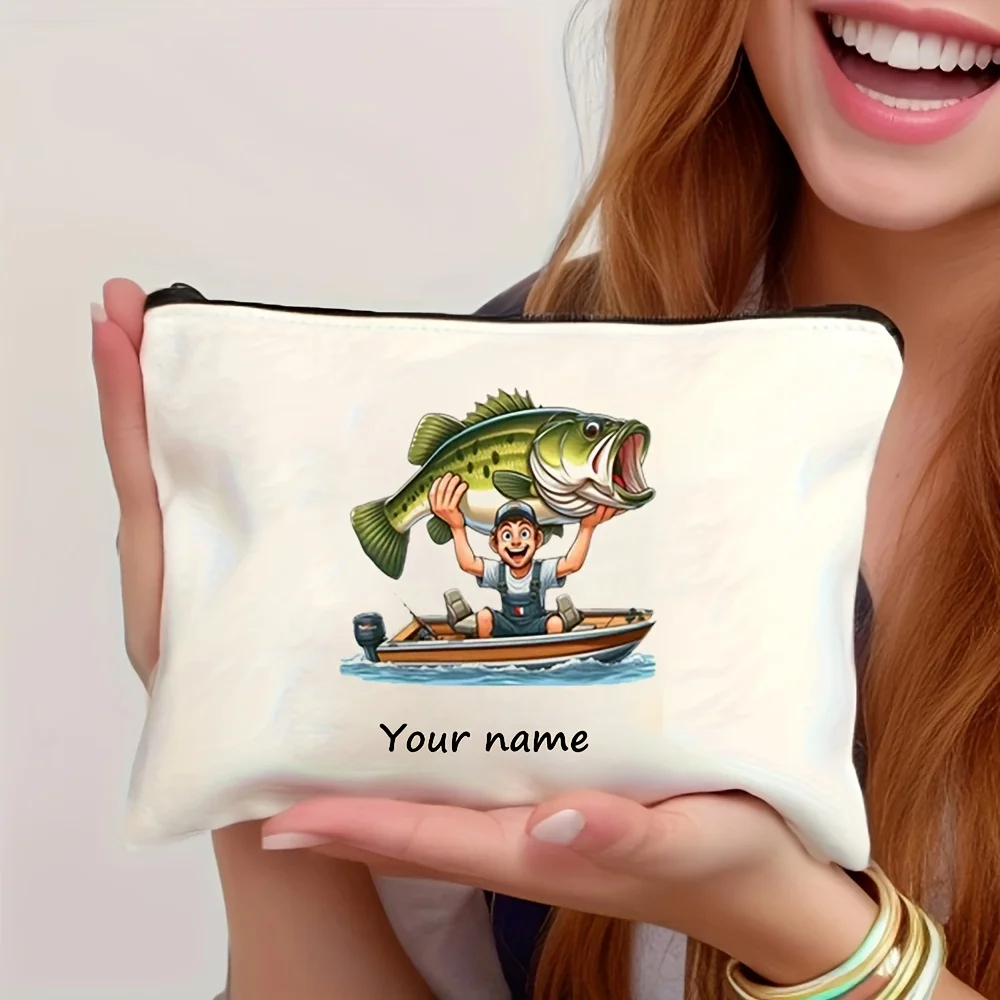 

Customizable Text Creative Inspirational Fishing Pattern Makeup Bag Personalized Name Fisherman Storage Bag Travel Wash Bag