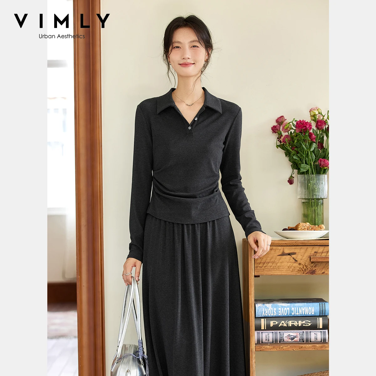 VIMLY Woman Skirt Sets Two Pieces Casual Autumn 2025 Polo Neck Knitted Tops Long A-line Skirts Loose Elegant Women's Suits A2566