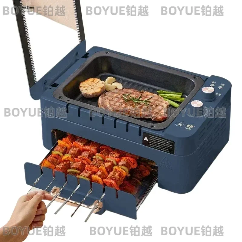 Electric Indoor Grill with Auto Rotating Spit Smokeless BBQ Roaster Pan Compact Countertop Oven for Home Kitchen Cooking