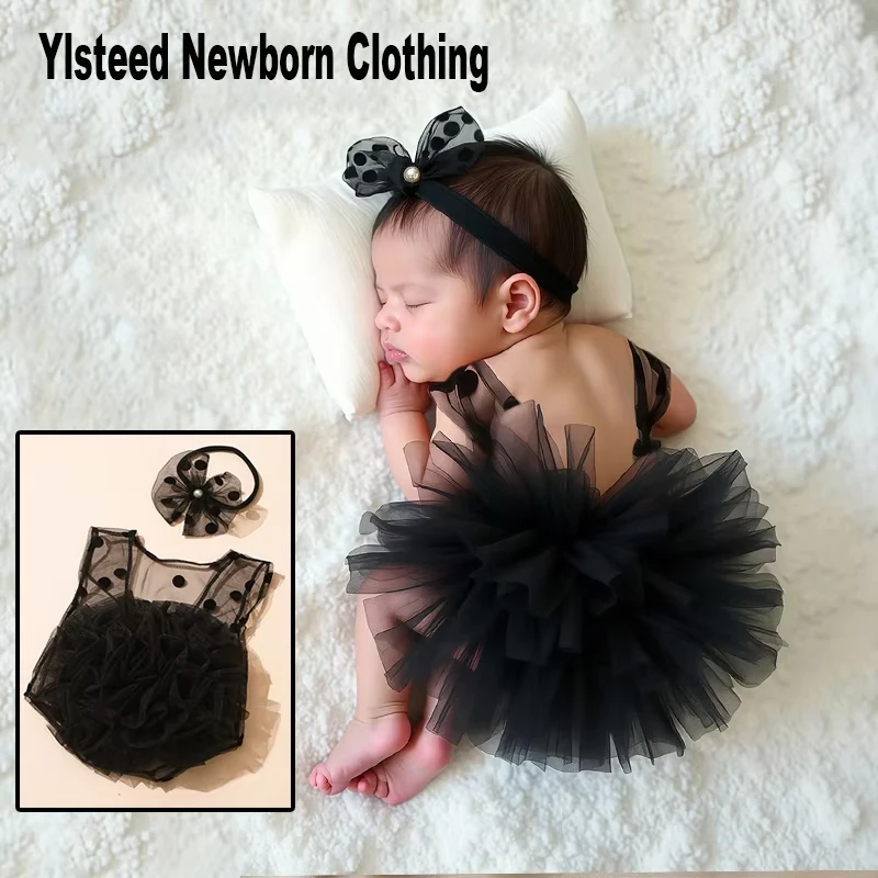 Ylsteed 2Pcs Black Newborn Lace Romper Fluffy Mesh Photography Outfits With Lace Bow Headband For Baby Photo Shooting ﻿HD