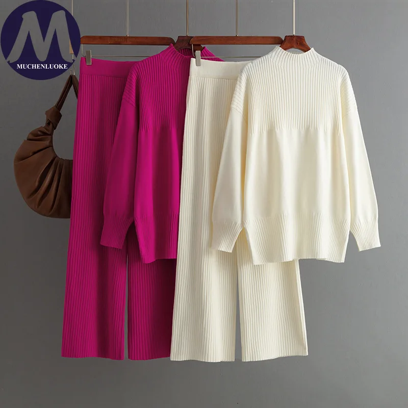 

Женские вязаные костюмы-свитера с круглым вырезом, свободные толстые теплые комплекты брюк, ленивый стиль, повседневная мода, осень, зима, новинка