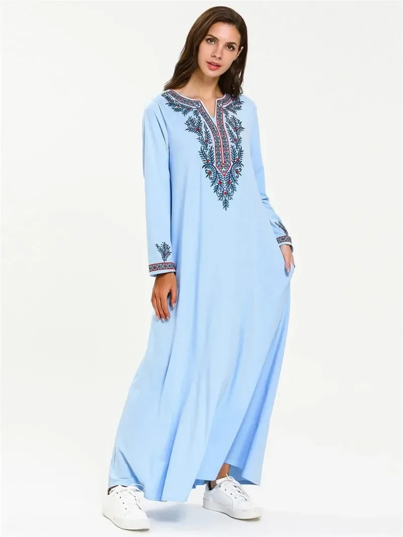 Womens Muslim Abaya Maxi Dress Modest Islamic Robe Kaftan Dubai Muslim Dress Pockets Embroidery 7721