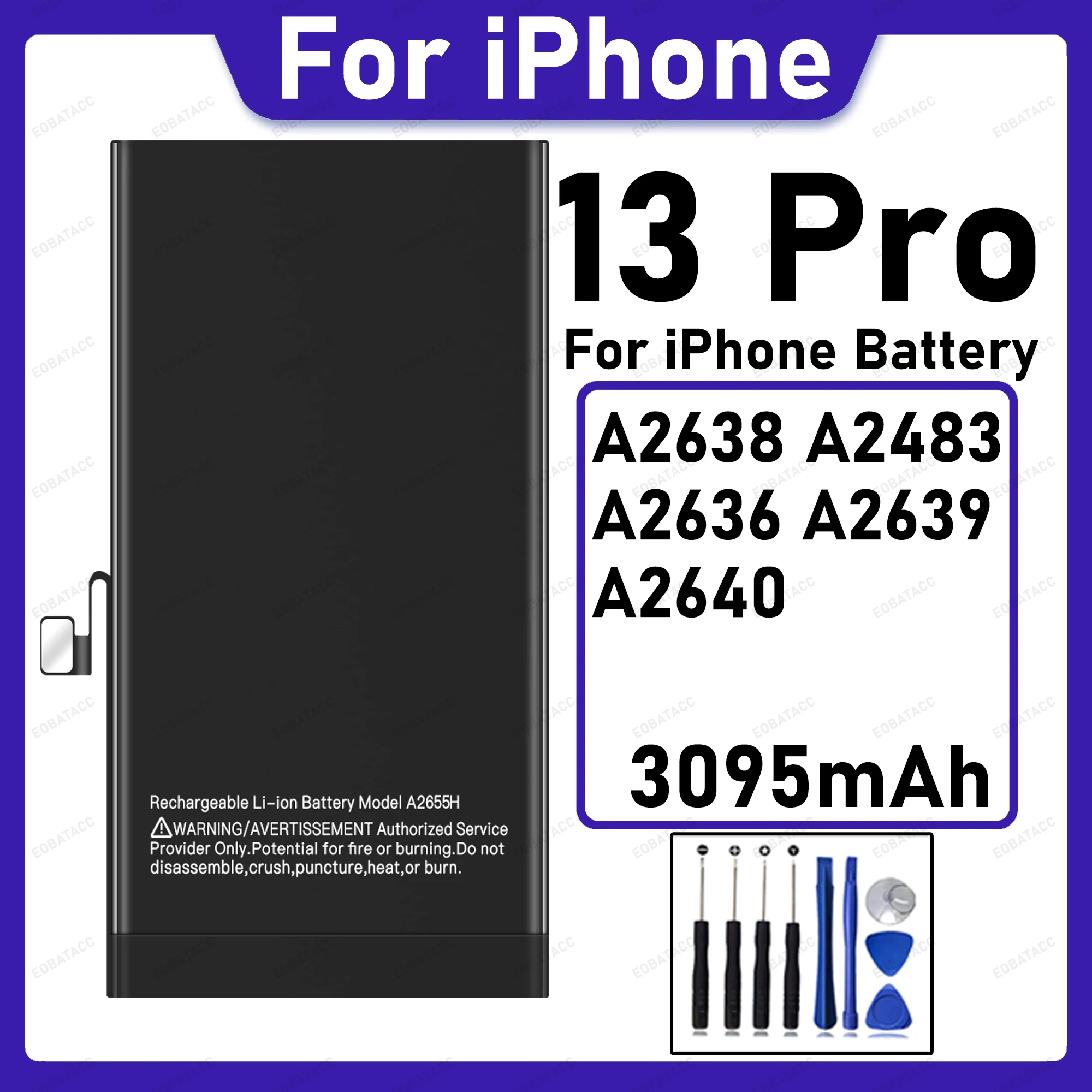Аккумулятор высокой емкости для iPhone 13 Pro 3095 мАч A2638 A2483 A2636 A2639 A2640, безопасный, стабильный, с длительным временем работы в режиме ожидания.