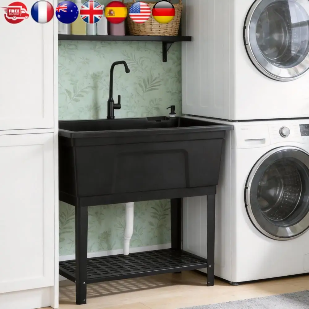 

Отдельностоящая пластиковая раковина для прачечной с краном из нержавеющей стали и дозатором для мыла, умывальник для гаража, подвала, сада