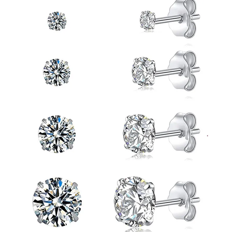 Stainless steel new design four claw round cut cubic zirconia female hypoallergenic male jewelry small earrings 6 pairs