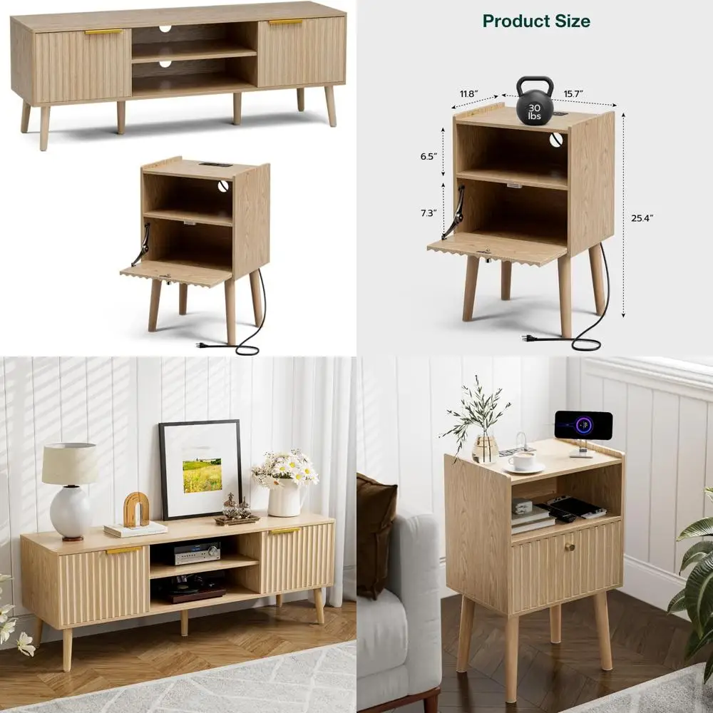 Fluted TV Stand & Side Table Set, Entertainment Center for TVs up to 65'', End Table with Drawer, Living Room, Oak