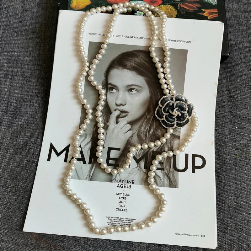 Koreaanse Trui Ketting Gelaagde Parel Ketting Hanger Voor Vrouwen Carmellia Bloem Sieraden