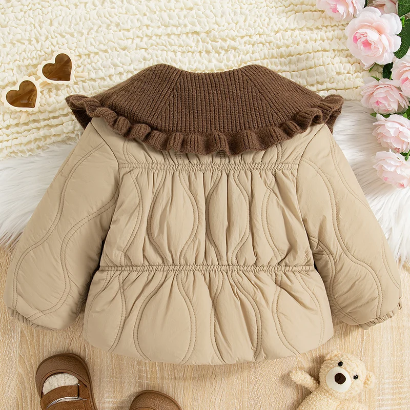 Winter Casual Cute Baby Girl Cotton Coat Girls\' Spliced Large Lapel Bow Solid Color Long Sleeved Cotton Coat