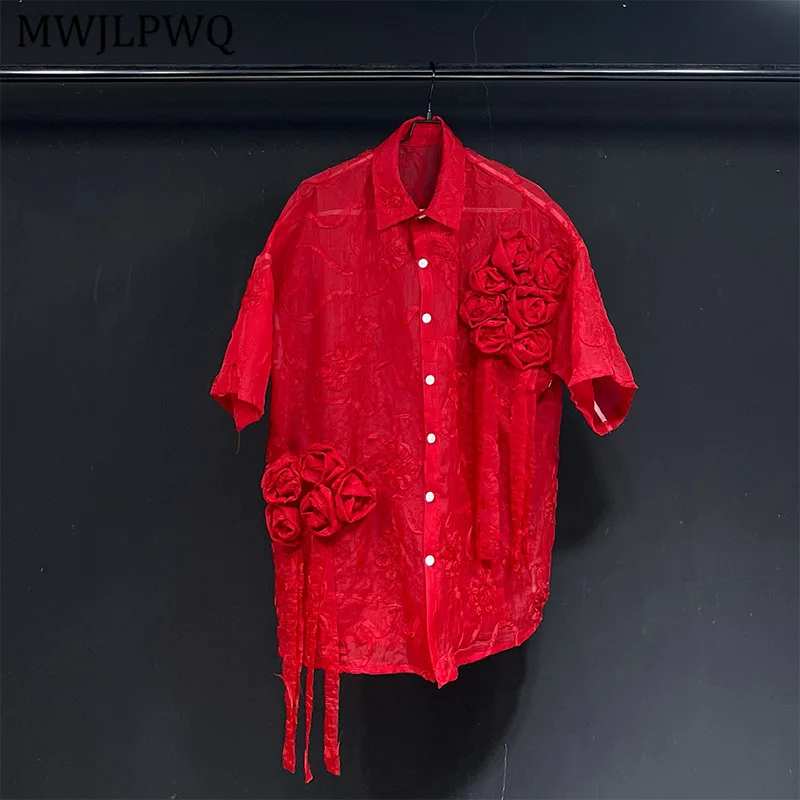 

MWJLPWQ Rose Jacquard Niched Design Shirt Male 2025 New Red High Street Elegant Lapel Loose Casual Short Sleeve Tops Tide 11088