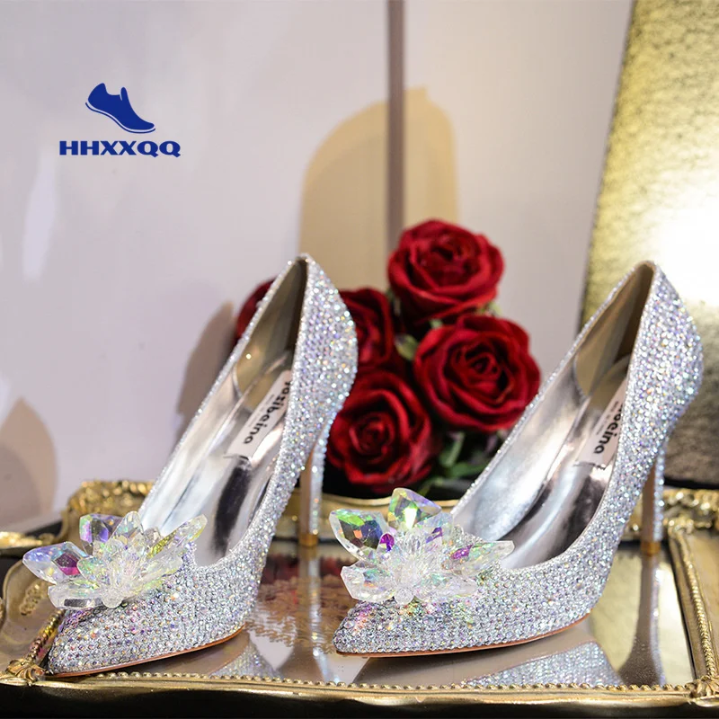 New Cinderella Crystal Shoes Heels Women Pointed Sexy bride shoes Women\'s High Heels Female Silver Rhinestone Wedding Shoes