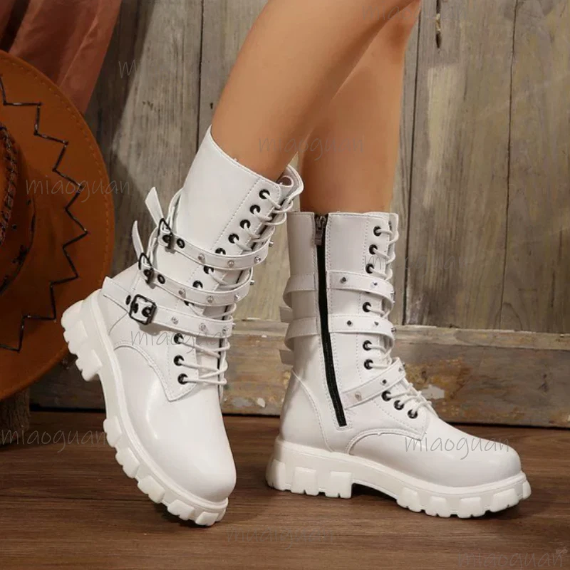 New Style Thick Sole Height-Increasing Motorcycle Boots for Women Women's Autumn Punk Belt Buckle Plus Size Platform Knight Bota view 5