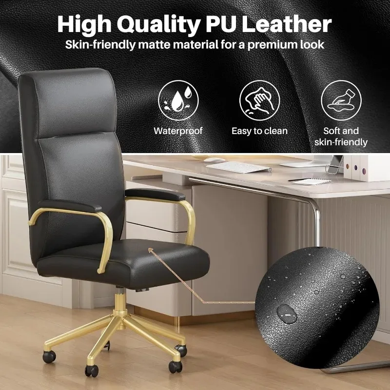 High Back Office Chair for Women, Modern Leather Executive Desk Chairs Comfy with Arms and Wheels, White and Gold