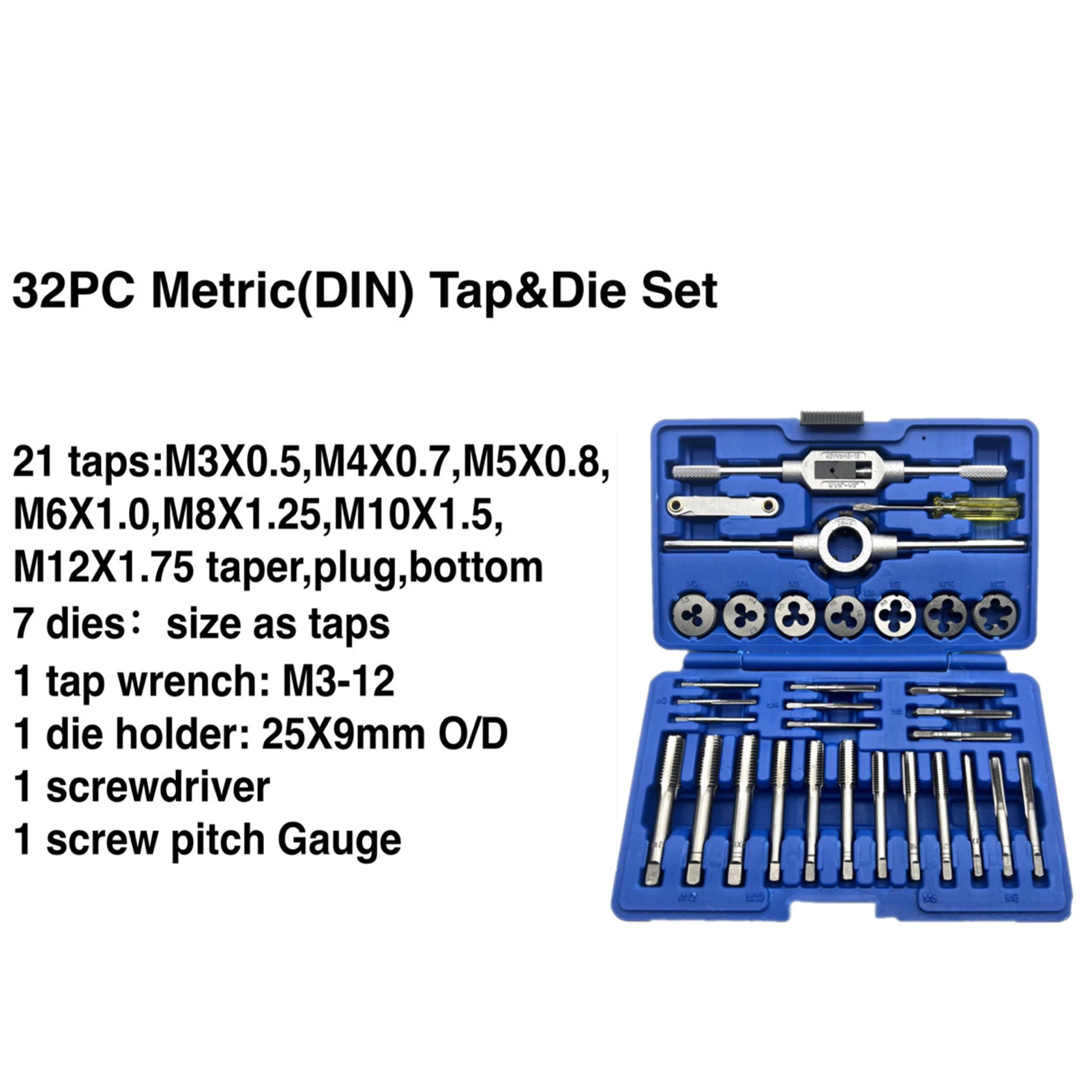 32 PCS  HSS Tap and Die Set Metric Wrench Cut M3-M12 Tap and Die Set Metric Threading Tool Set Engineer Kit with Metal Case