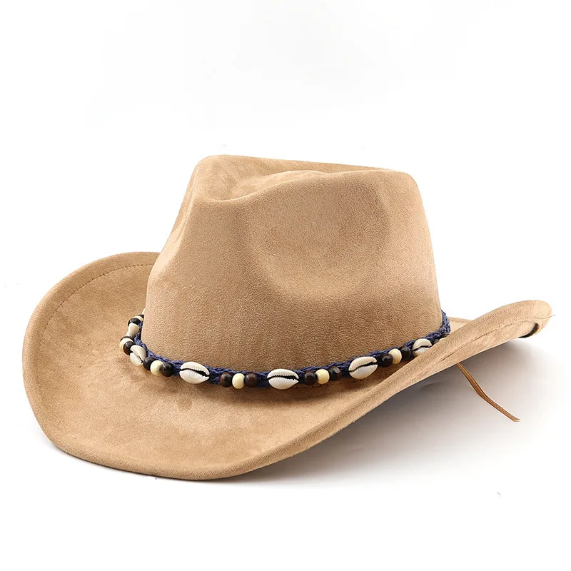 Shell Woven Ribbon Decoration Suede Upturned Edge Western Cowboy For Men And Women Outdoor Rolled Brim Ethnic Style Top Felt Hat
