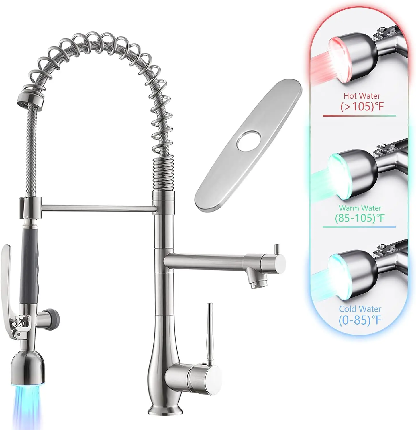 Brushed Nickel Kitchen Faucet Featuring LED Light and Pull-Down Sprayer