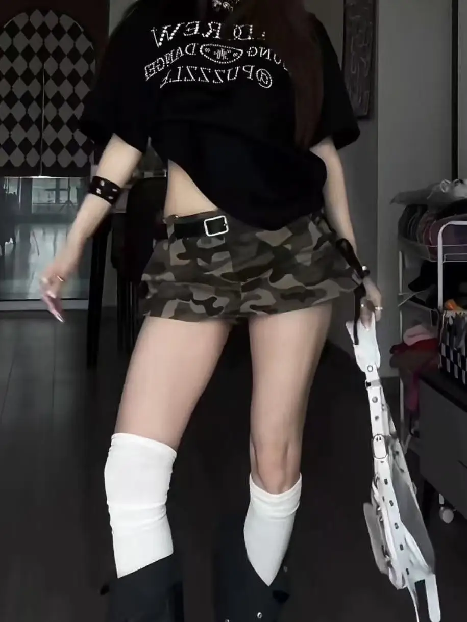 Low Waist Camouflage Side Straps Cargo Mini Skirt for Women American Retro High Street Slim Fit Shorts Skirt