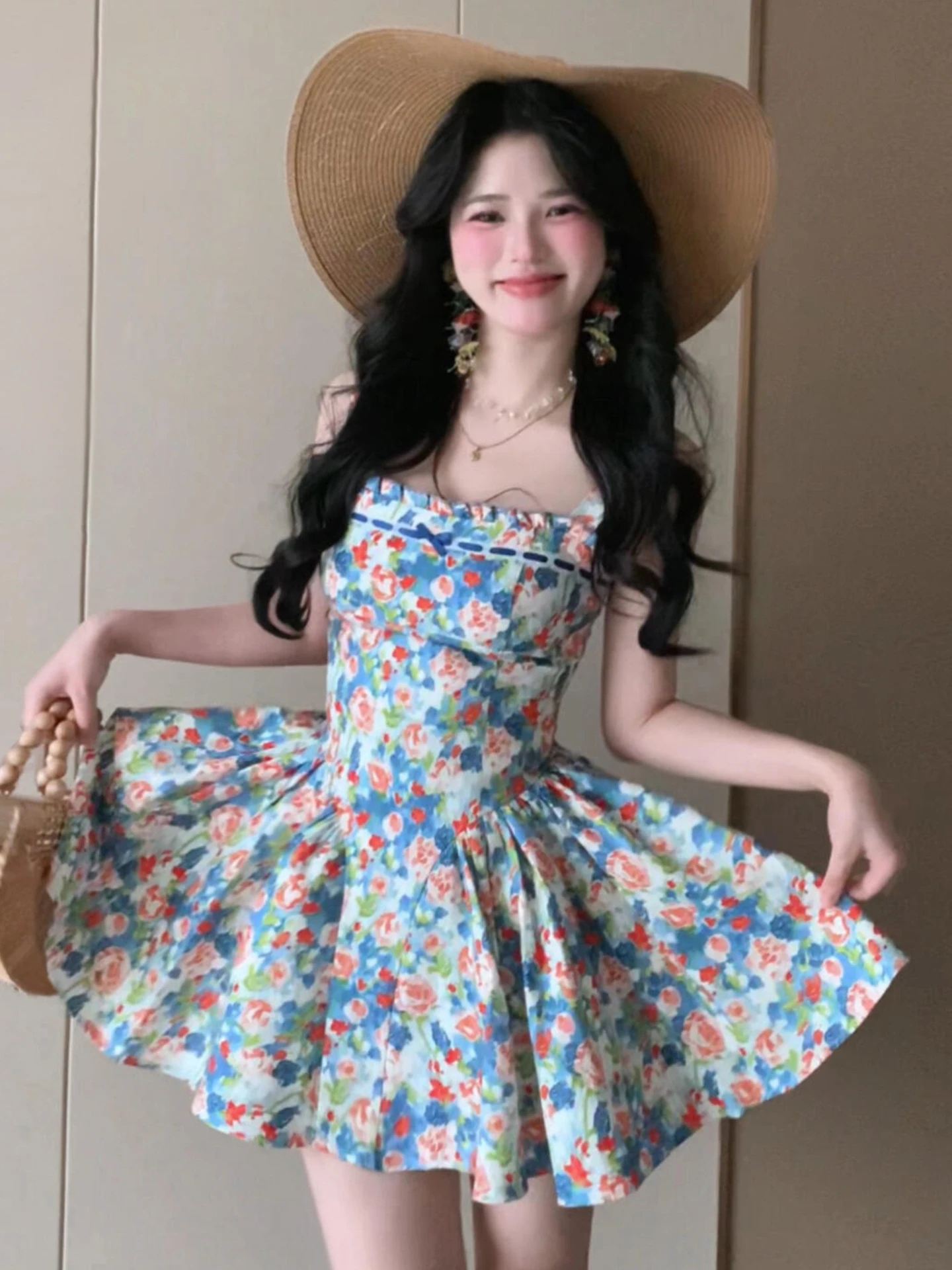 

Женская летняя пляжная юбка с цветочным принтом, утягивающая талию, короткая, с высокой талией, А-силуэт