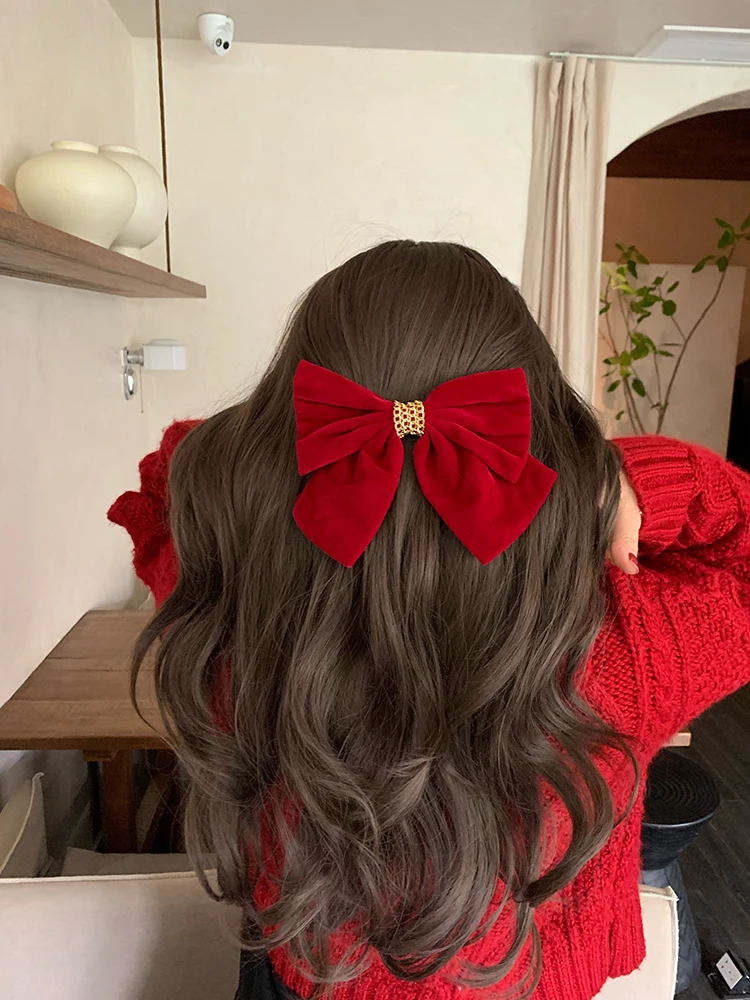 Aksamitna kokardka z klipsem Kobiety Dziewczyny Eleganckie spinki do włosów Vintage Czarne wino Czerwone kokardki Spinka do włosów Prom Akcesoria do włosów — zdjęcie 6