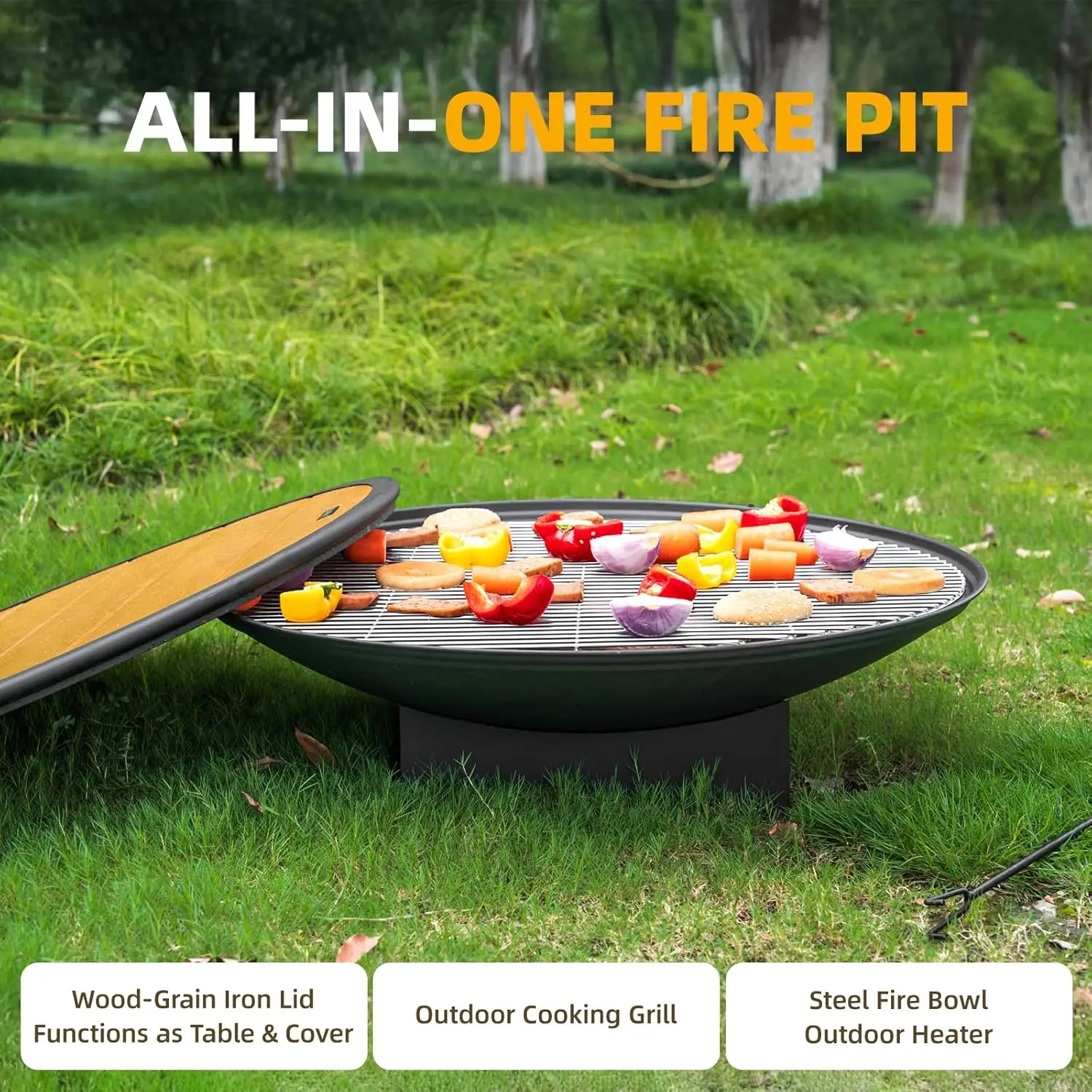 32-Inch Outdoor Wood-Burning Fire Pit for Backyard, Patio, and Camping - Large, Portable with Grill & Cover Lid