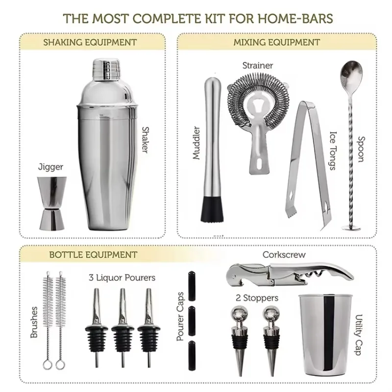Hot Sale Stainless Steel Bartender Kit with Stand Up Cocktail Mixer Custom Logo Bar Beverage Mixing Accessories