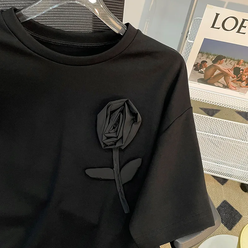 Heavy Industry Three-Dimensional Flower Cotton Round Neck Short Sleeve T-shirt Female Summer New Top Korean Black Tees