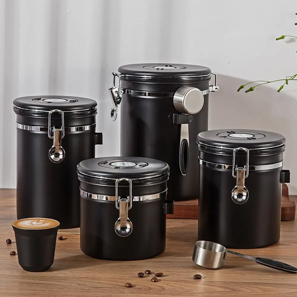 ステンレス製気密コーヒーキャニスター計量スコップ付き日付トラッカー付きコーヒー保存容器大容量防臭