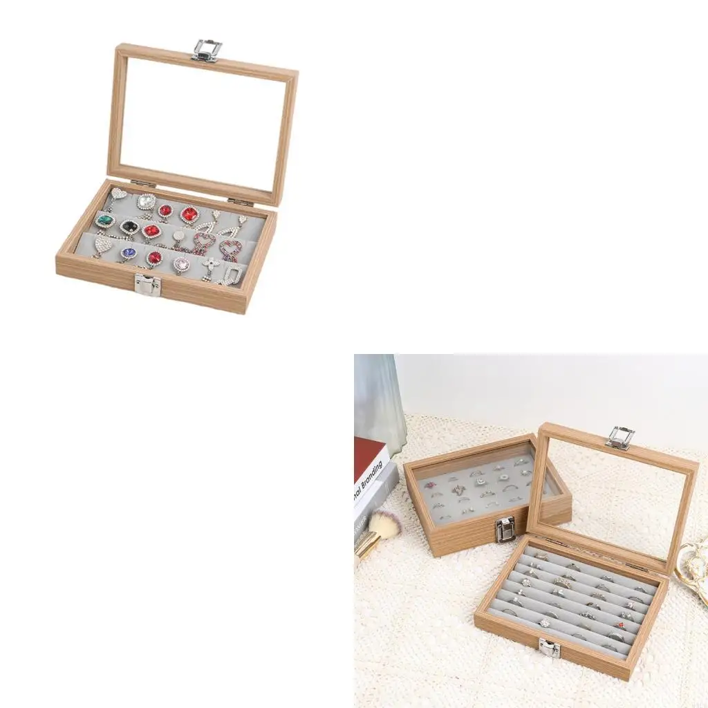 

94PA Деревянные украшения с ожерельем с крышкой и кольцевым организатором пылепроницаемой ящика для хранения