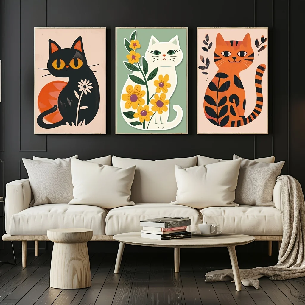 3pcs, Bohemian Style Cat Triplets, Frameless Canvas Poster, Creative Cartoon Cute Cat Wall Art, Suitable for Living Room, Bedroo