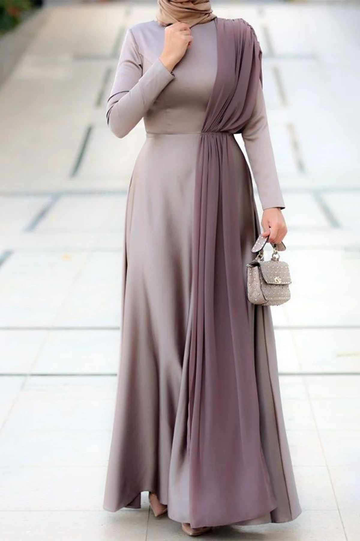 Muslim Abaya Robe Women Dresses Elegant Pleated Patchwork Long Sleeve Maxi Dress