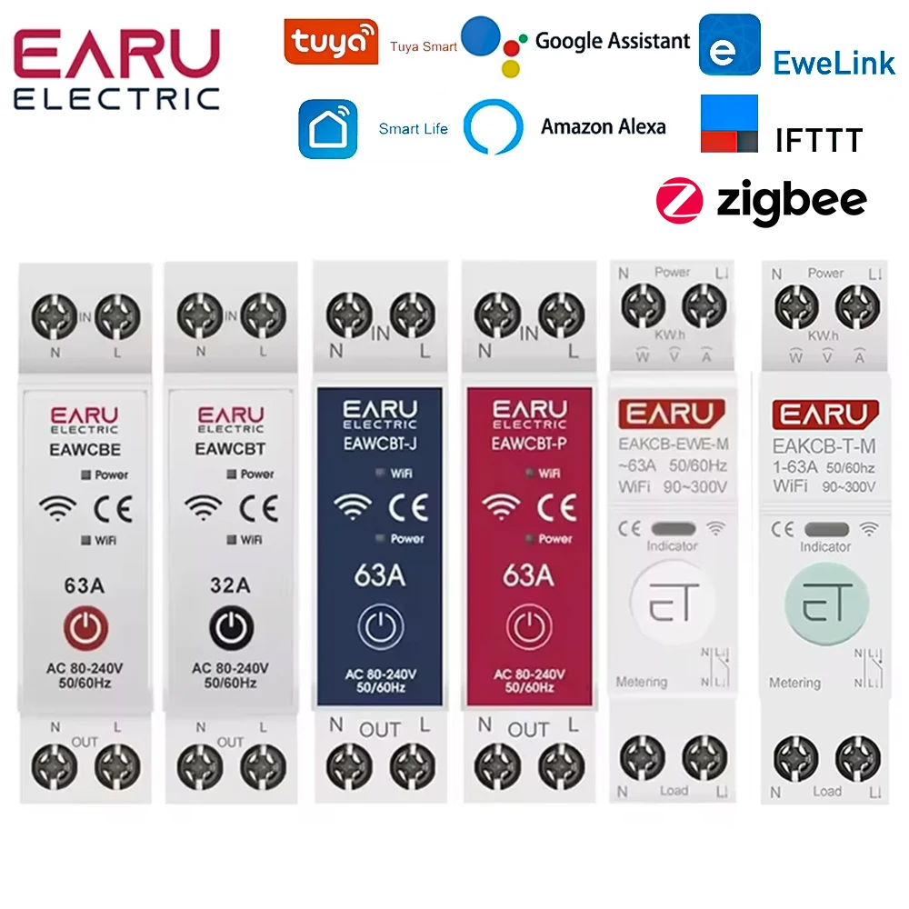 Ewelink-インテリジェントサーキットブレーカ,wifi,mcb,1-63a,調整可能な電力,kwh電圧,電流計,保護,タイムリレースイッチ,Tuya