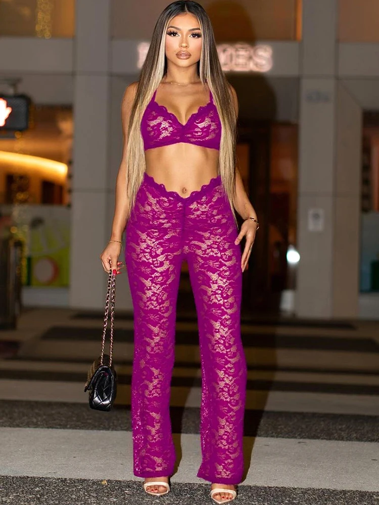 

Macheda Sexy See Through 2 Piece Set Women Coquette Low-Neck Jacquard Camisole+Straight Pants Matching Midnight Club Party Suits