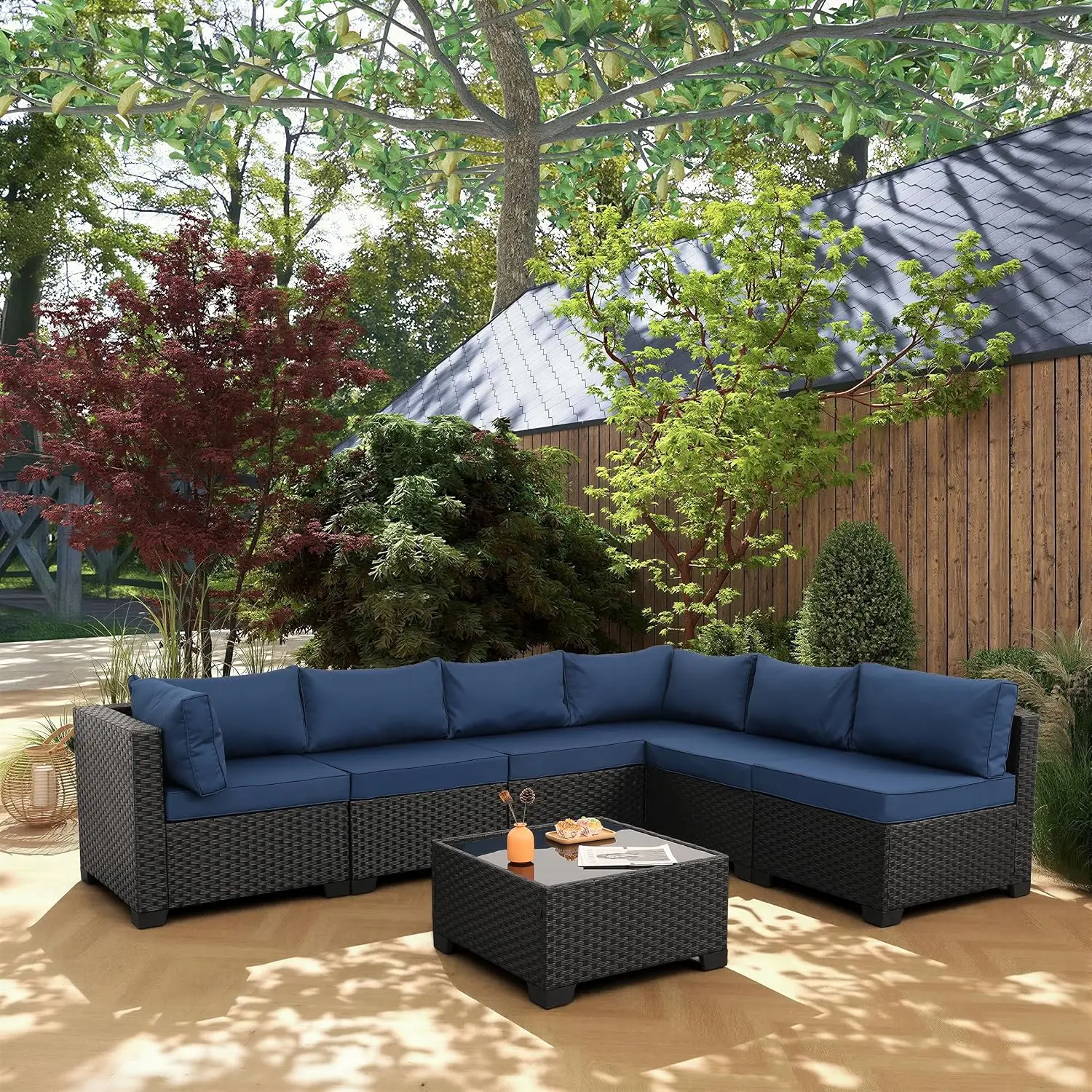 Outdoor Sectional Sofa 7pc Black Wicker Patio Glass Table Non-Slip Cushions Cover Navy, Customized