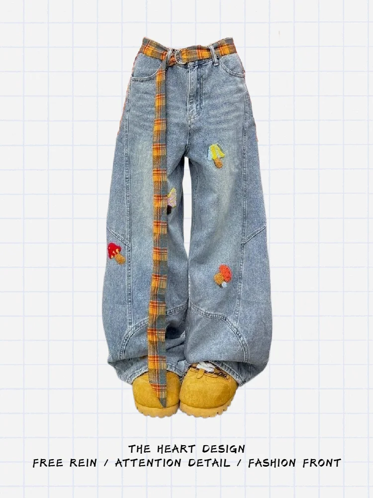 

American Retro Cartoon Floing Embroidery Plaid Wide Leg Denim Pants Women Loose Slim Floor-Length Jeans Autumn High Waist