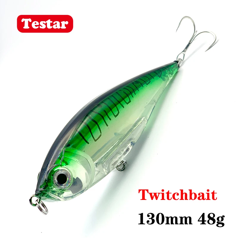 130mm 48g Testar señuelo de Pesca de agua salada cebo tipo lápiz flotante fundición larga Artificial Trolling láser Twitchbait para GT atún Pesca