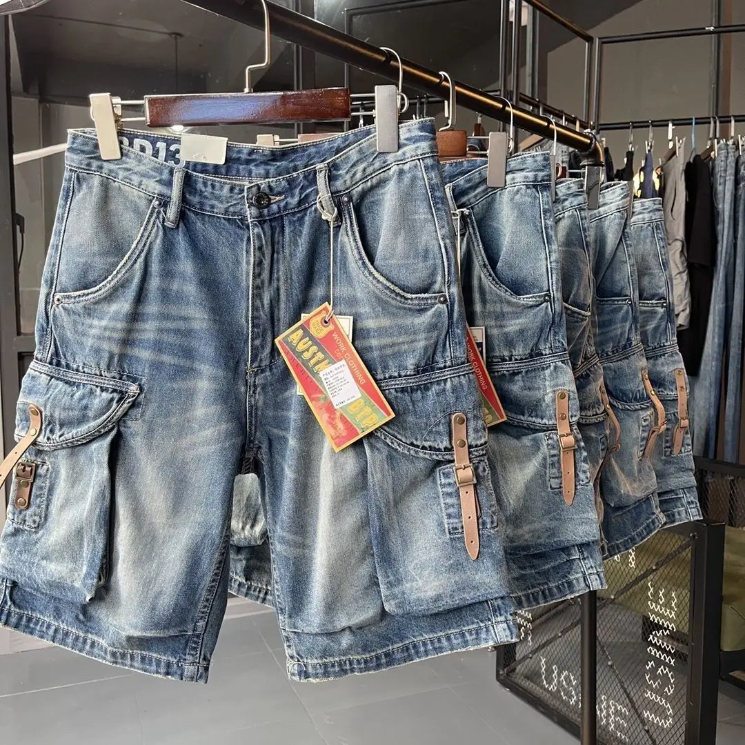 

Tough Guy Tooling Leather Decorative Pockets Washed Loose Denim Five-point Pants Summer Casual Young Men's Cargo Short Pants