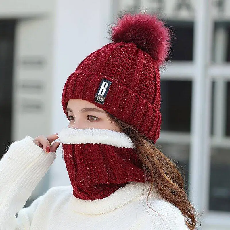 Women Winter Scarf Hat Set Knitted Plush Inside Keep Warm Solid Pompoms Cap Female Beanies And Scarves