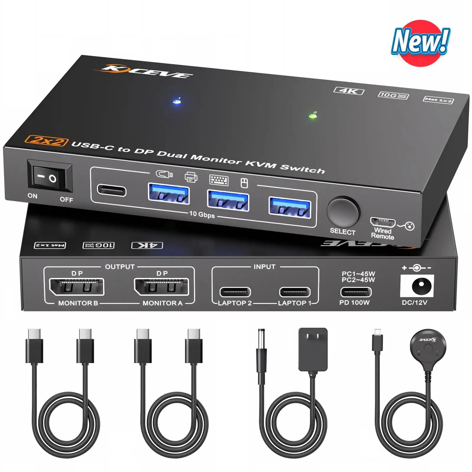 USB C KVM Switch 2 Monitors 2 Computers 4K@60Hz,MST Dual Monitors KVM Switch for 2 Laptops Share 4 USB3.2 Ports,10Gbps,PD 100W