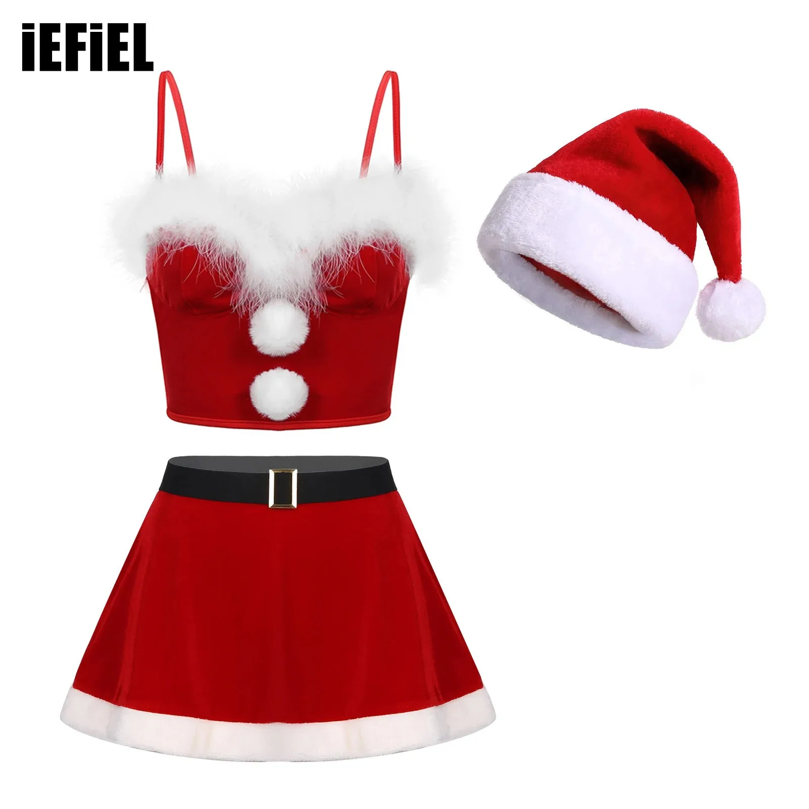 Womens Christmas Party Outfit Adjustable Spaghetti Strap Bustier Underwired Bra Crop Top Fuzzy Ball Decor Corset with Skirt Hat