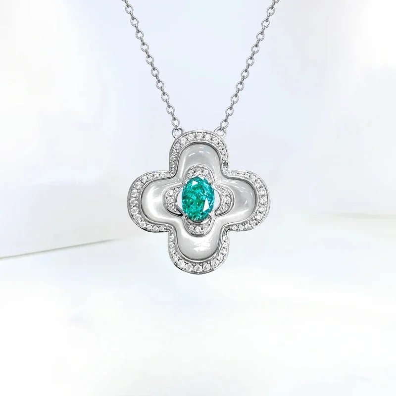 

Light luxury four leaf clover tourmaline 925 sterling silver pendant with high carbon diamond inlay for niche wedding jewelry