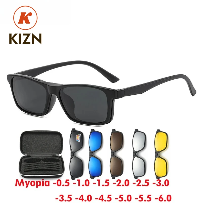 

KIZN 6 in 1 Square Myopia Sunglasses 2025 Men Eyeglass Frames Magnet Clip Women Polarized Custom Prescription Glasses -1.0~-6.0