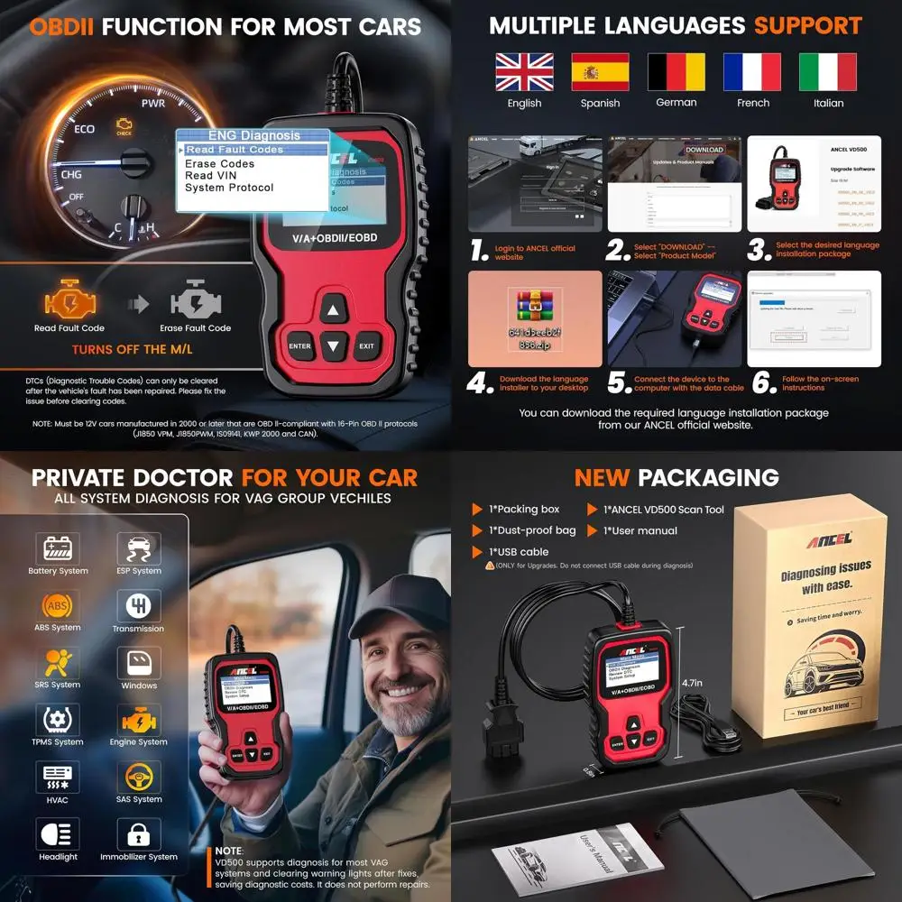 

VD500 OBD2 Диагностический инструмент сканера для Volkswagen VW Audi Skoda Seat Diagnosis Check Engine Light EPB ABS SRS Code Reader Oil Th