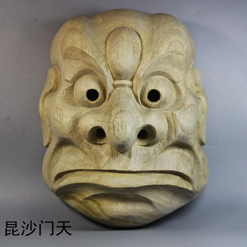 QH033  --  21.5 x 16 x 8.5 CM Hand Carved Camphor Wood Japanese Noh Vaisramana Mask