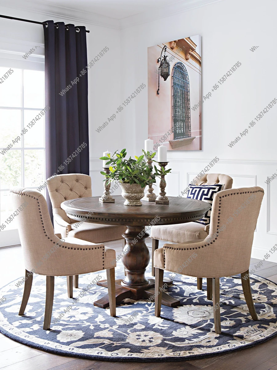 

American solid wood round dining table and chair combination home small apartment dining table rotating French retro light luxur