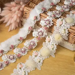 Lace Ribbon For Wedding Decor Dress Bag DIY Sewing Accessories Beaded Applique White 3D Flower Embroidery Lace Fabric And Craft