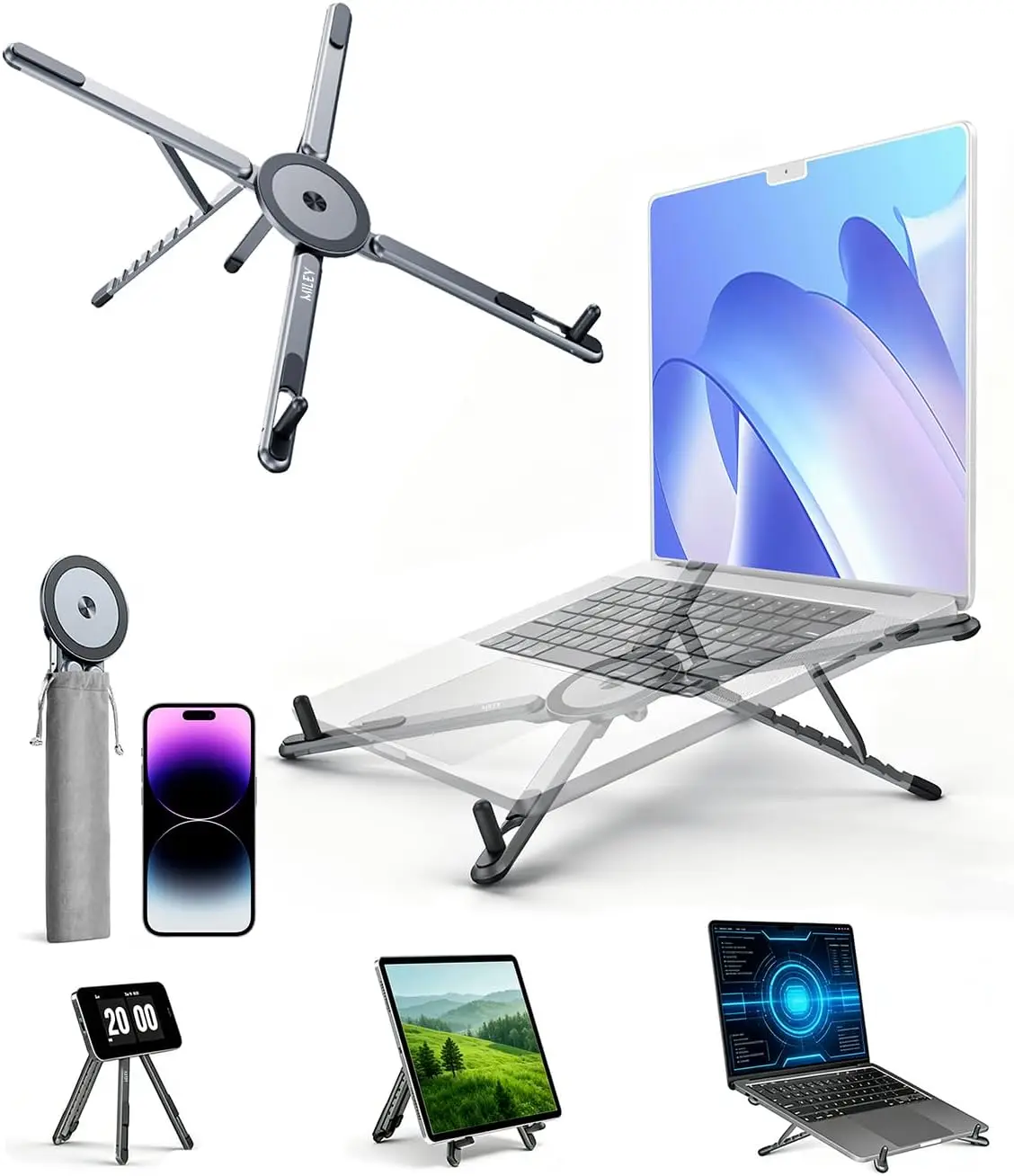 

Foldable Laptop Stand, Ergonomic 8-Level Height, for 13-17" Laptops, Aluminum, Portable with Bag